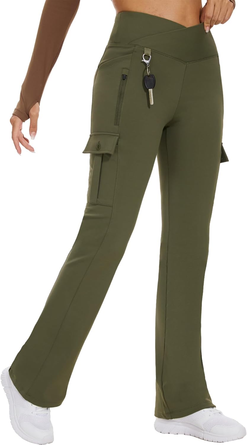 Flare Leggings for Women Yoga Crossover High Waist Pants with Tummy Control Workout Cargo with 5 Pockets Bootcut Leggings