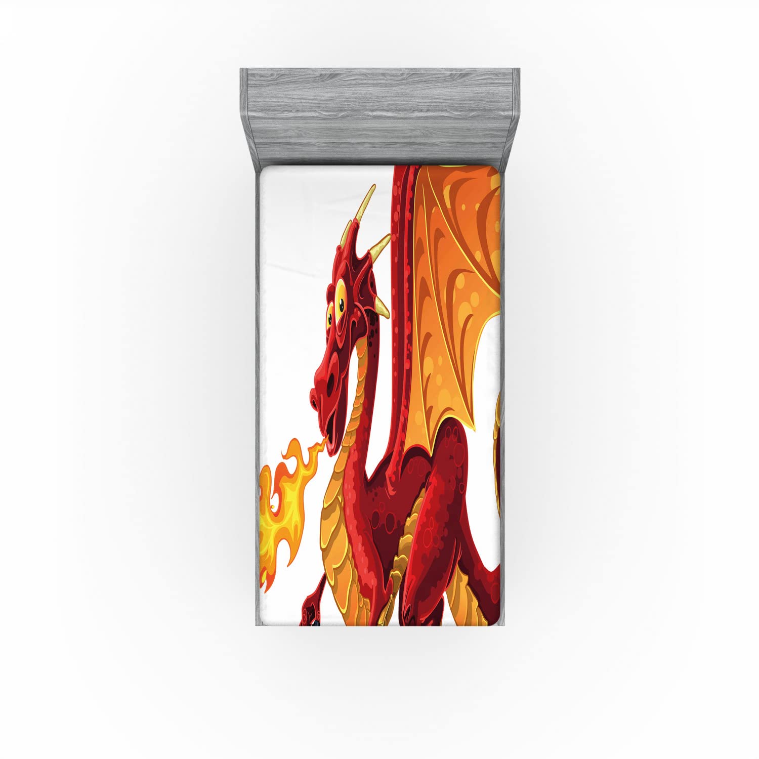 Ambesonne Dragon 2 Pack Fitted Sheet, Funny Mascot Cartoon, Bed Cover All-Round Elastic Deep Pockets 2 Pieces, Package Contains 2 Twin Size Fitted Sheets, Orange Red