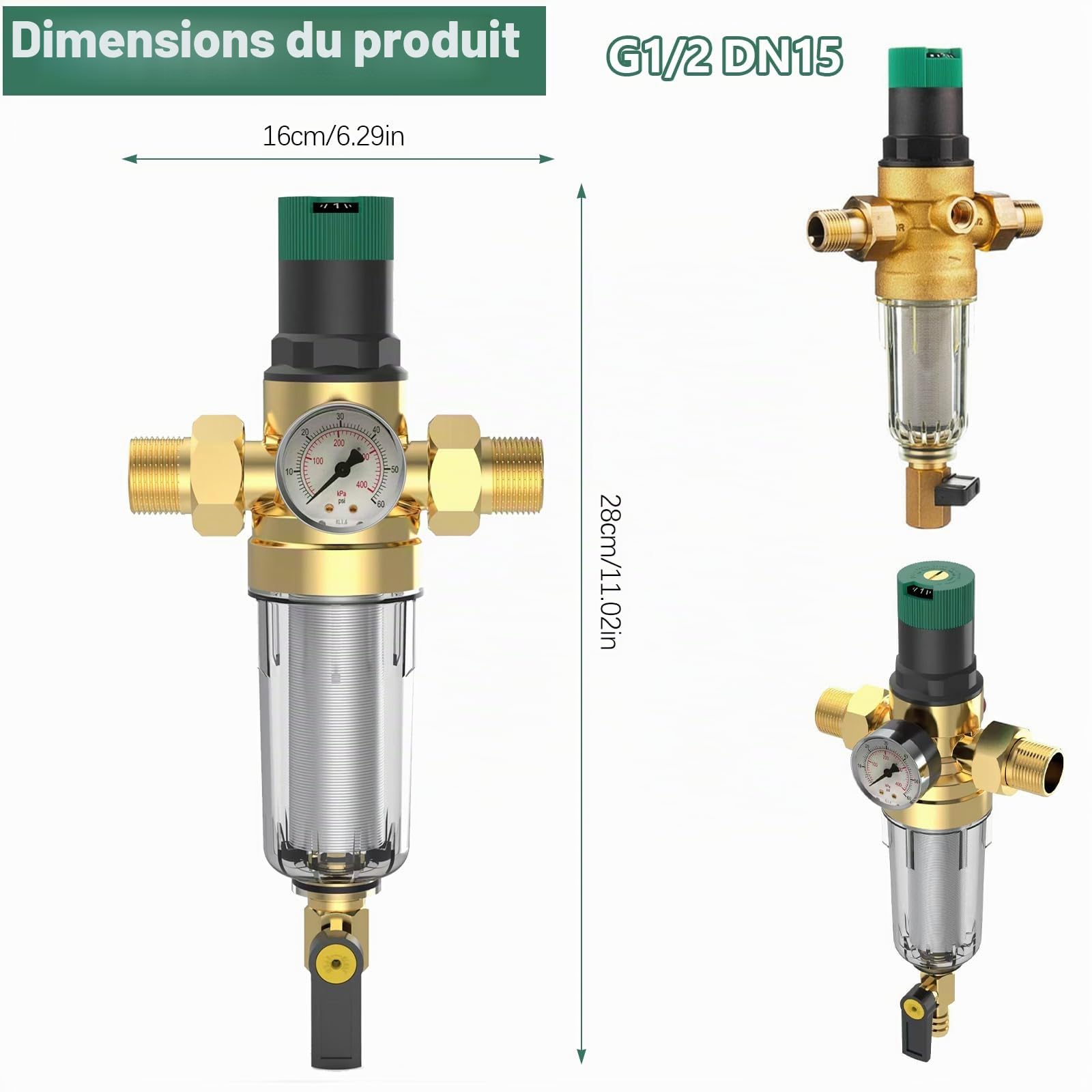 Reducteur de Pression Eau 1/2 Pouce, Reducteur de Pression Avec Manometre Pression Eau Et Filtre à Mailles, RéDucteur de Pression D'Eau En pour Robinets D'Irrigation de Jardin de Chauffage au Gaz