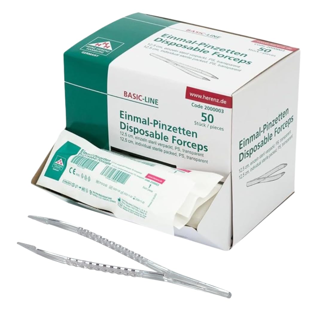 Einmal-Kunststoff-Pinzetten 12,5 cm | 50 Stück in einer Box - Transparent PS | Steril einzeln verpackt für Medizin, Kosmetik, Labor, Erste Hilfe, Hygieneanwendungen | Heinz Herenz Medizinalbedarf