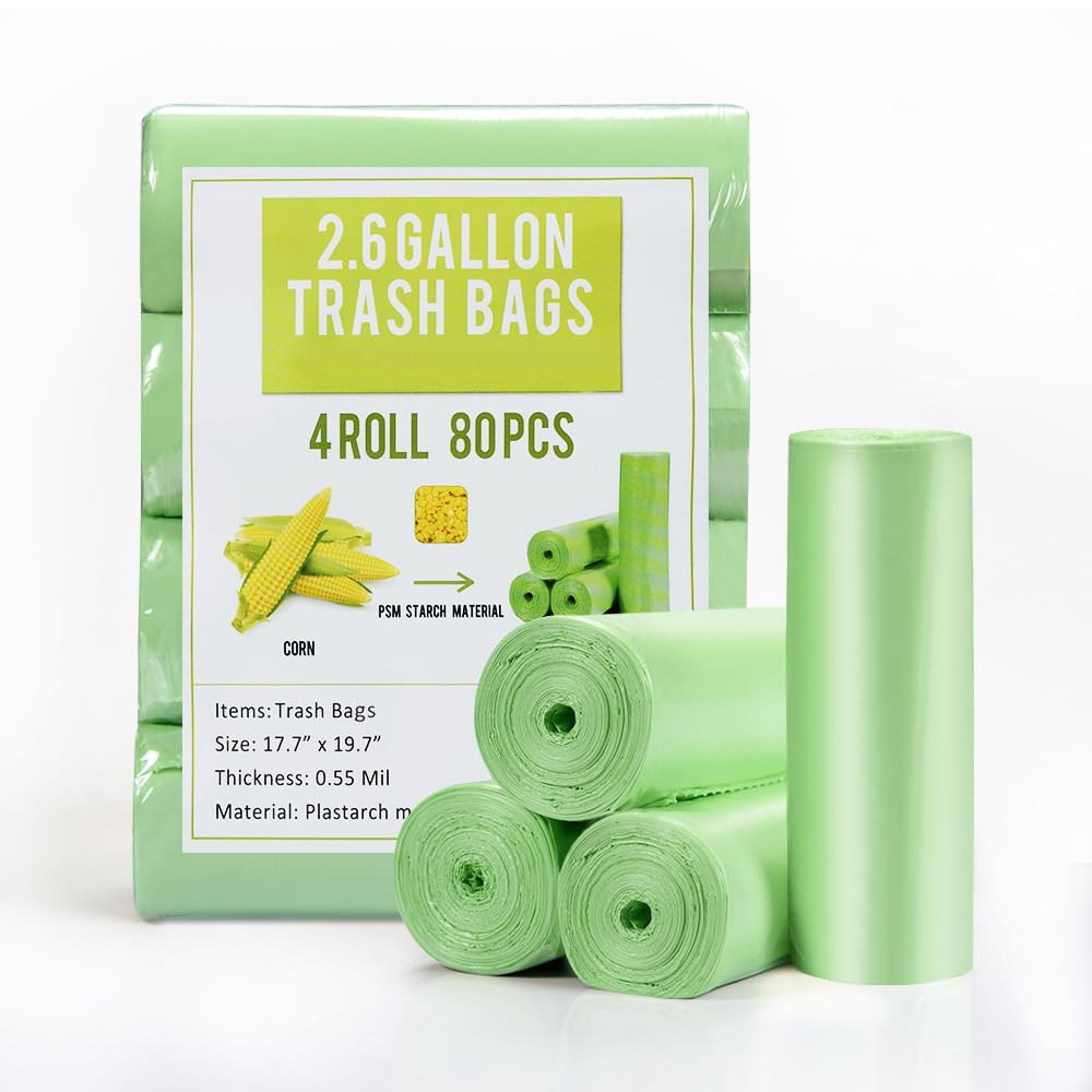 Jaoul Trash Bags 2.6 Gallon, Small Garbage Bags, Strong & Unscented Mini Trash Bags for Kitchen, Bathroom, Office, Restroom, Car, Green, 80 Counts