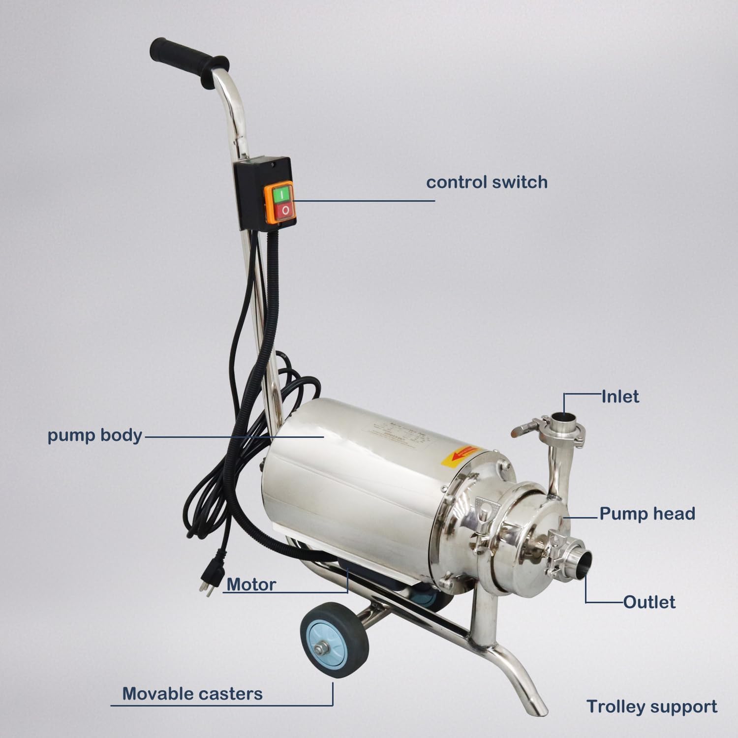 Industrial Sanitary Centrifugal Beverage Pump 3t/h Portable Milk Beverages Wine Pump 304 Food Grade Stainless Steel 110V 0.75kw (with Wheel and Swtich)