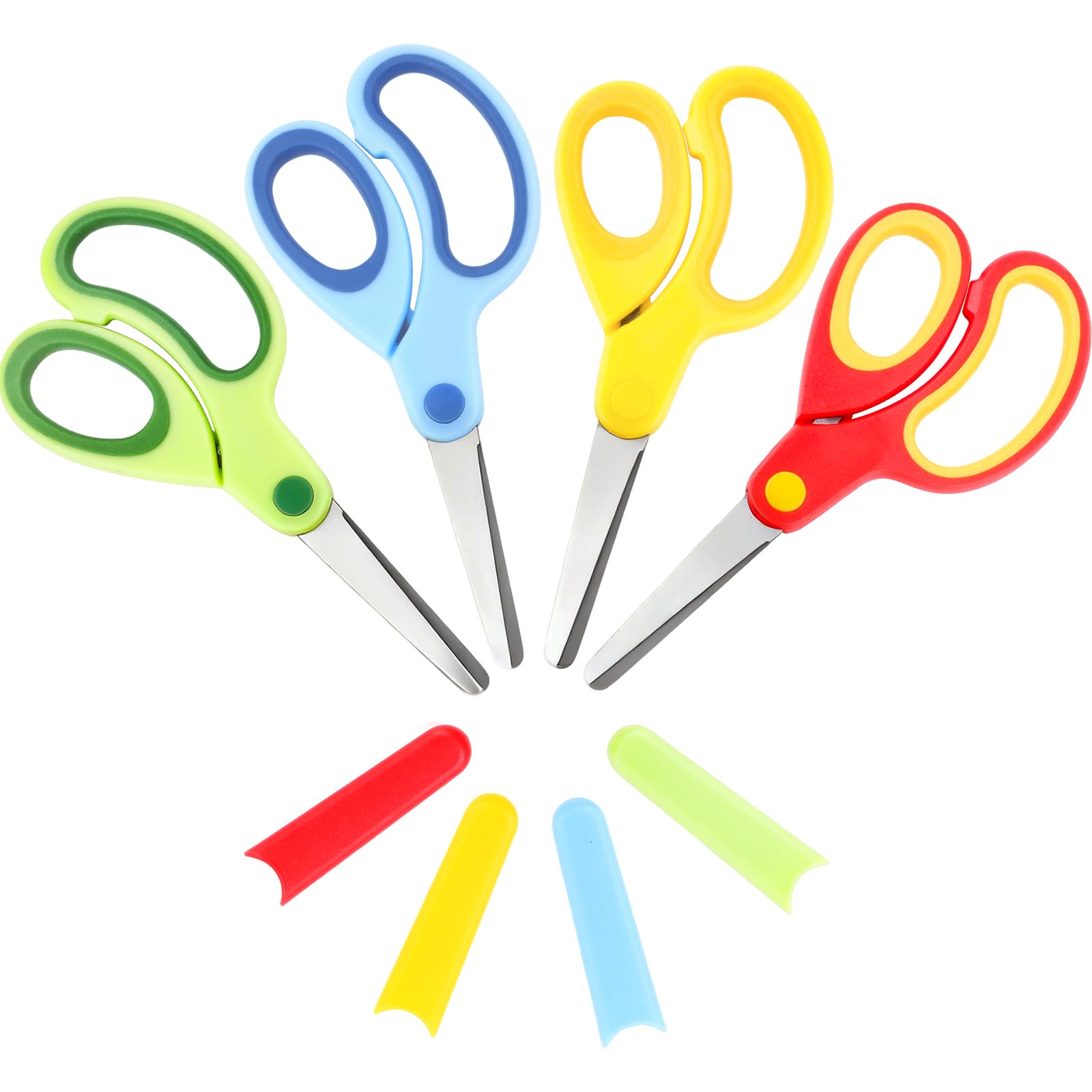 Pack of 4 Children's Scissors, 4 Colours Left-Handed Scissors Children with Protective Cover, 14.6 cm, Craft Scissors Children with Soft Handles, Children's Scissors for Crafts and School Use