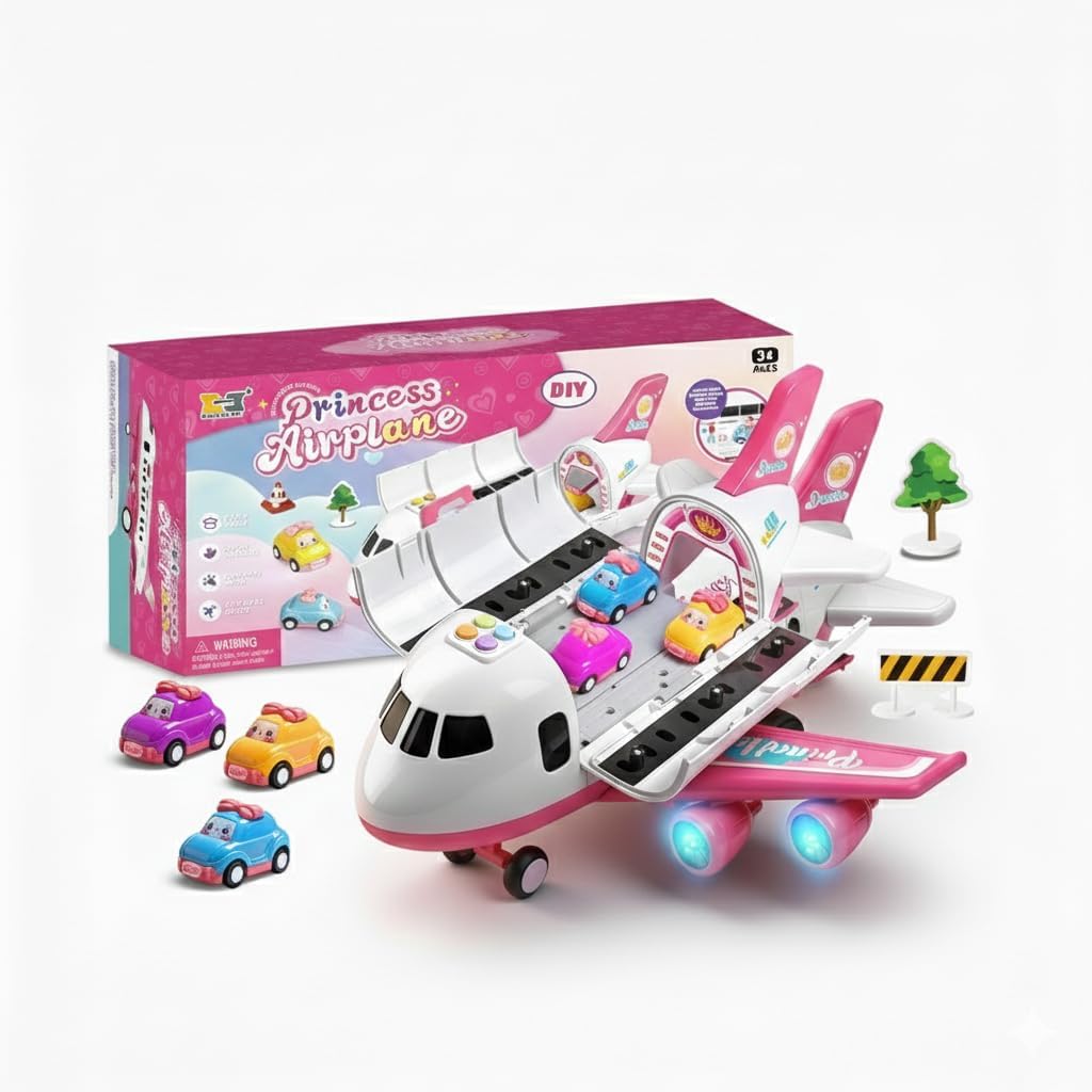 Princess Airplane Toy with Light and Sound, DIY Playset with Mini Cars and Accessories, Ages 3+