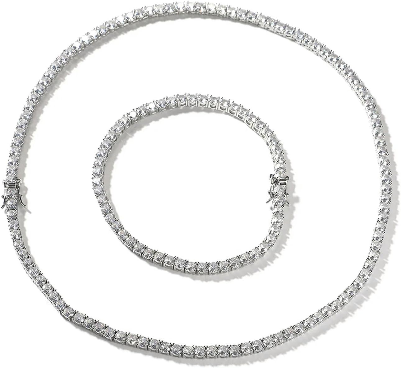 セット】CZダイヤ 3 ＆ 5 mm テニス ネックレス メンズ ホワイトゴールド KRKC [小さな店] クラシカル 5A CZ テニスチェーンネックレス 2mm 3mm 4mm 5mm 8mm 1列 ラウンド CZ テニス