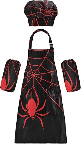 Juego de delantales, sombrero de chef y delantal de Halloween con diseño de araña roja y telaraña (3-12 años)