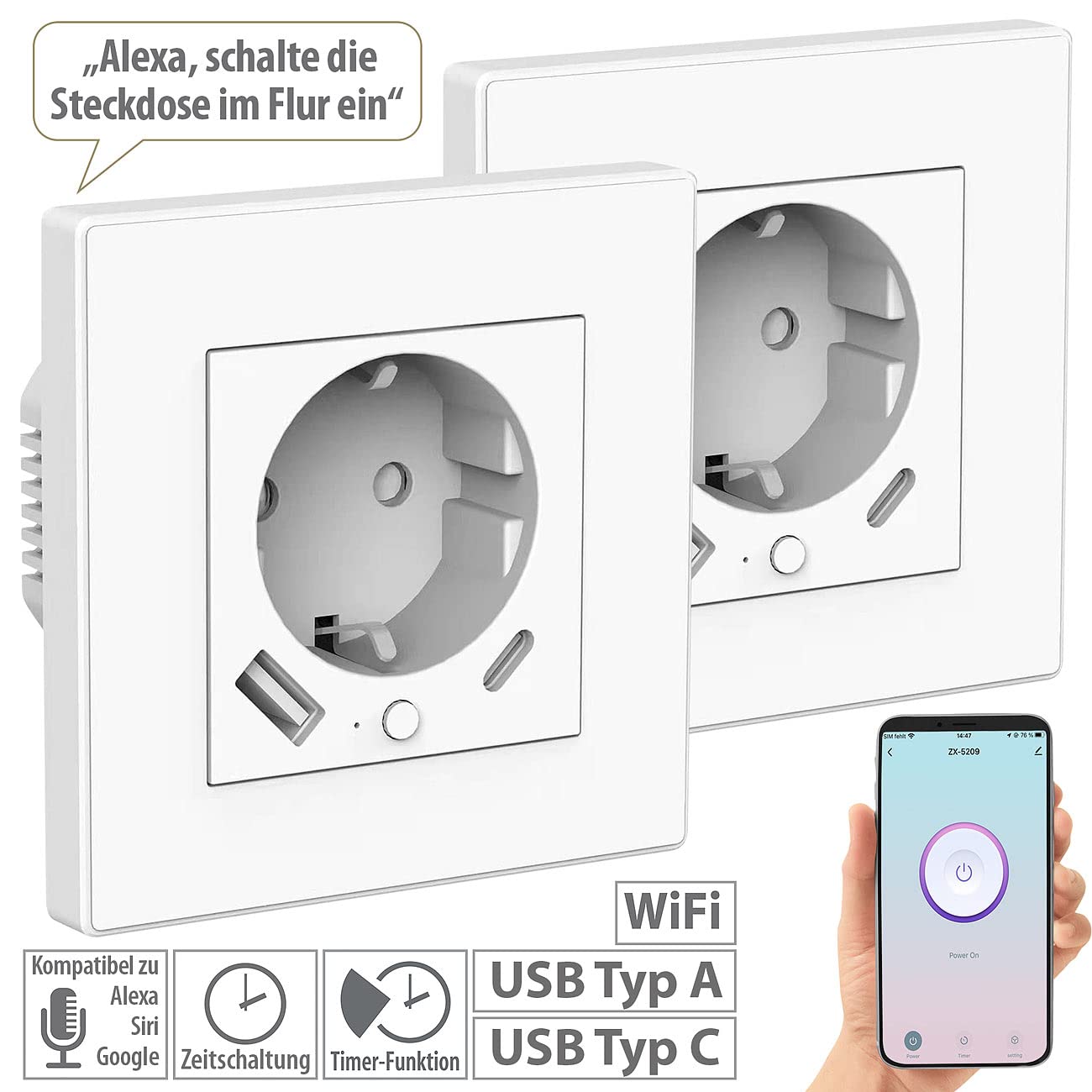 Luminea Home Control Smart-WiFi-Steckdose: 3er-Set WLAN-Unterputzsteckdosen mit App, je 1x USB A, 1x USB C, 2 A (WLAN Steckdose Up, Steckdose mit USB-Buchse)