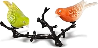 Hand Painted Ceramic Decorative Birds with Branch Figurine Made in Portugal – Set of 2 (Orange / Green)