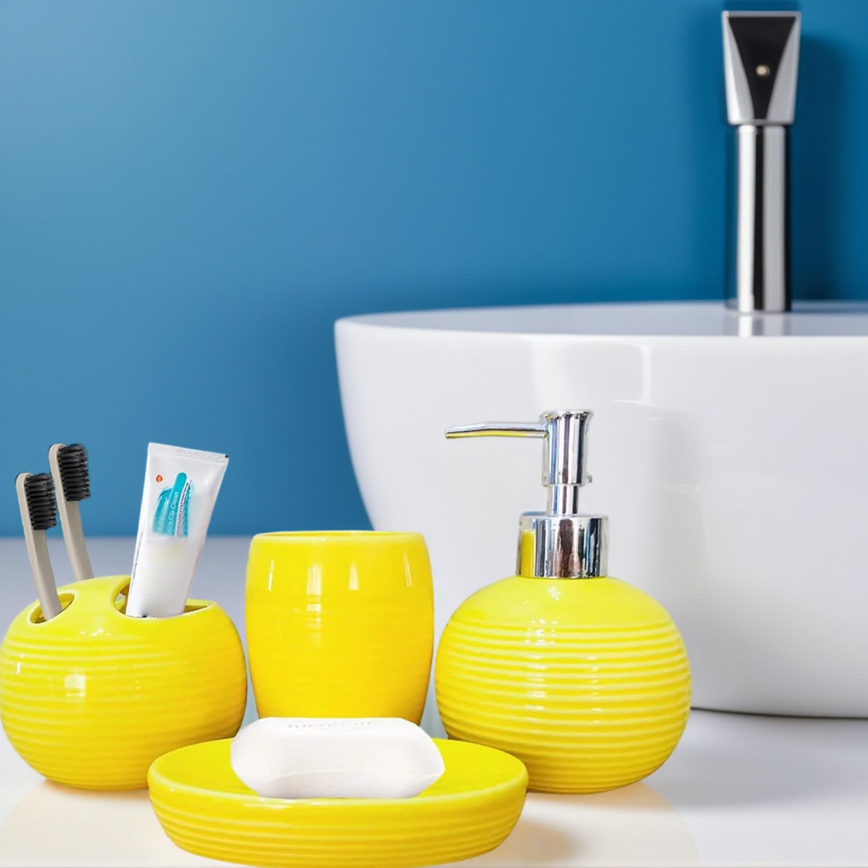 4Pcs/Set Yellow Bathroom Accessories Ceramic Vibrant Soap Dispenser with Toothbrush Holder & Soap Dish & Cup Complete Toothbrush Holder Set, Yellow Bathroom Decor