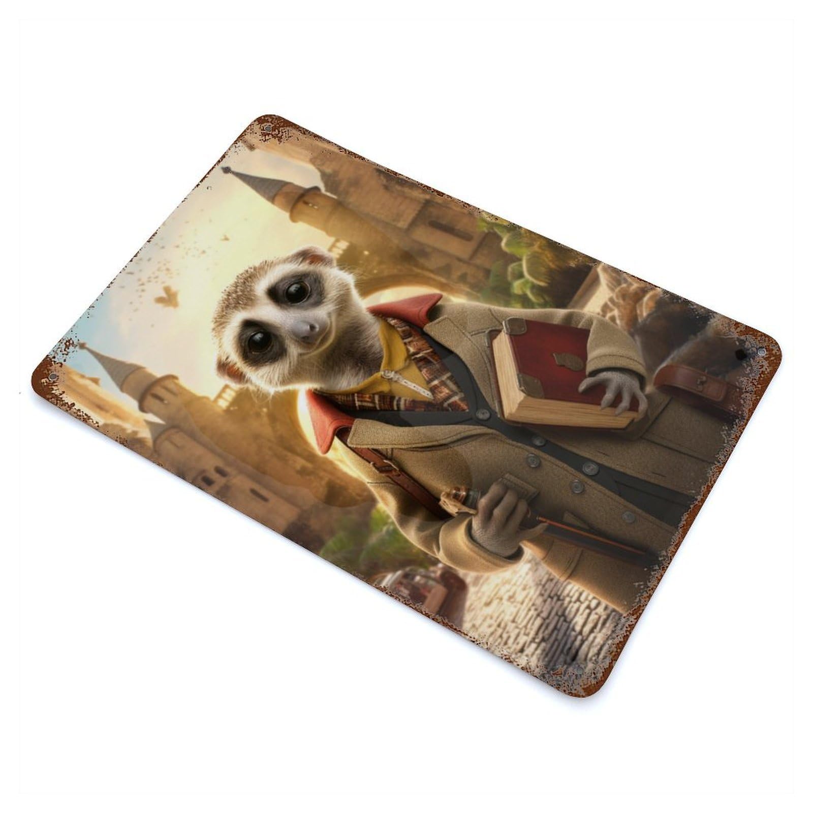 Distressed Metal Wall Sign with Travel Guide Meerkat Design 11.8"x7.9", for Living Room, Hallway And Home Decor, Vintage Wall Decor