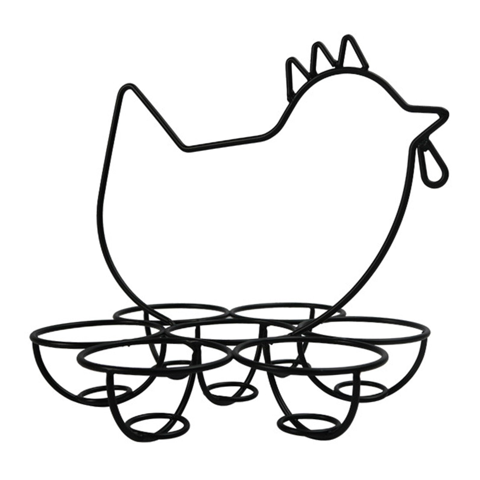 Estante dispensador de huevos metálico negro con silueta decorativa de gallina