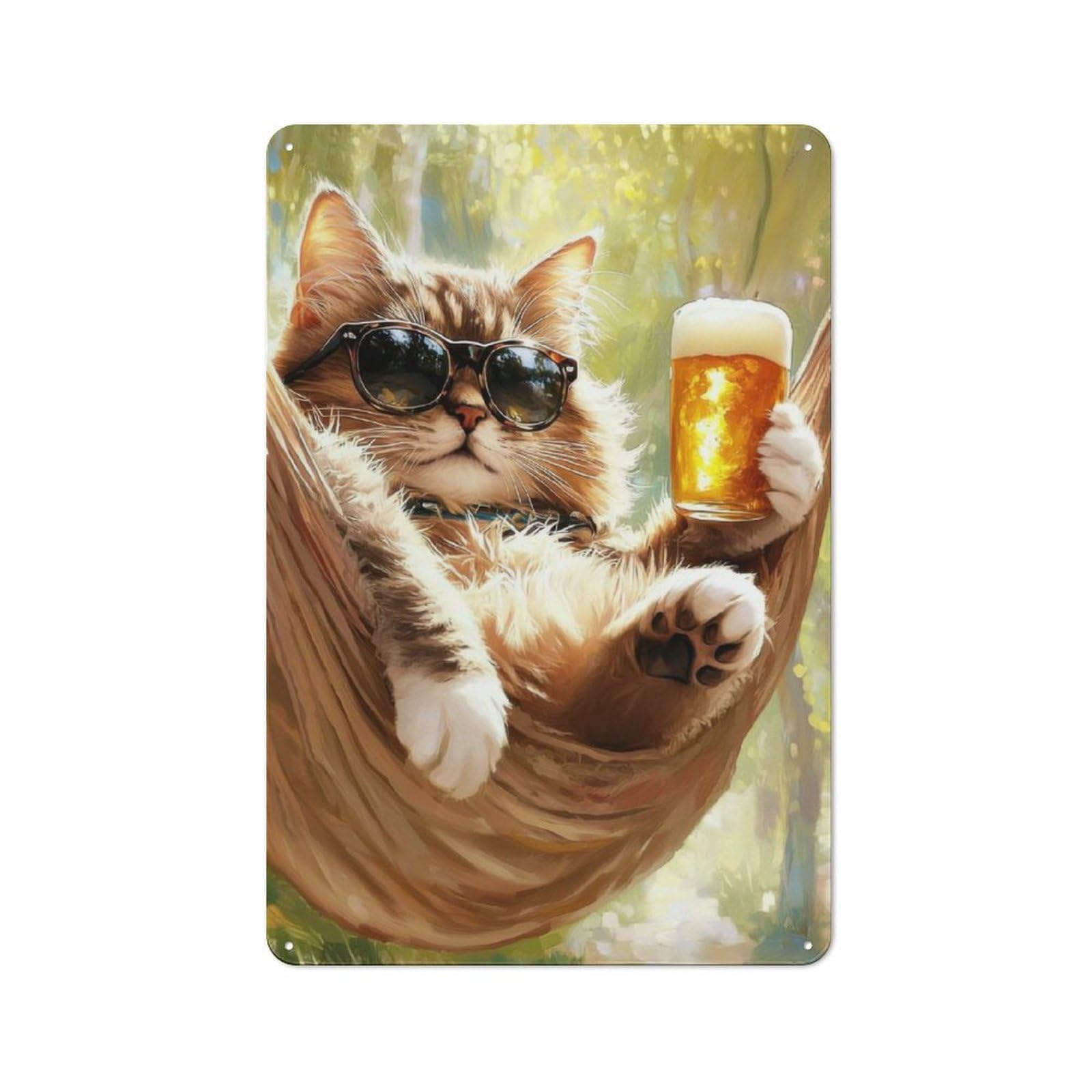 Junmoney Cool Cat Relaxing With Beer Rustic Metal Wall Decor 30X20cm, Rustic Metal Sign For Farmhouse Kitchen, Pantry Or Dining Area