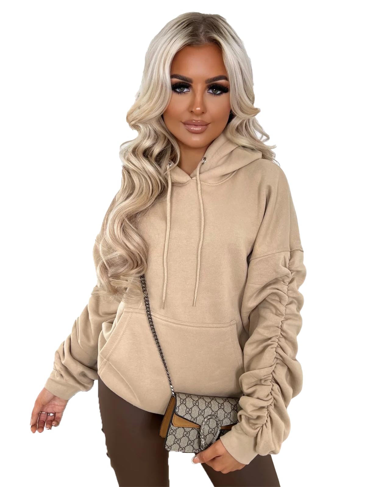eyesRuched Sleeve Hoodie Womens Plain Fleece Hooded Top Front Pockets Soft Warm Loose Fit Stretchy Stylish Sweatshirts Pullover Ladies Plus Sizes Long Sleeve Winter Hoodies Tops For Women UK 4-14