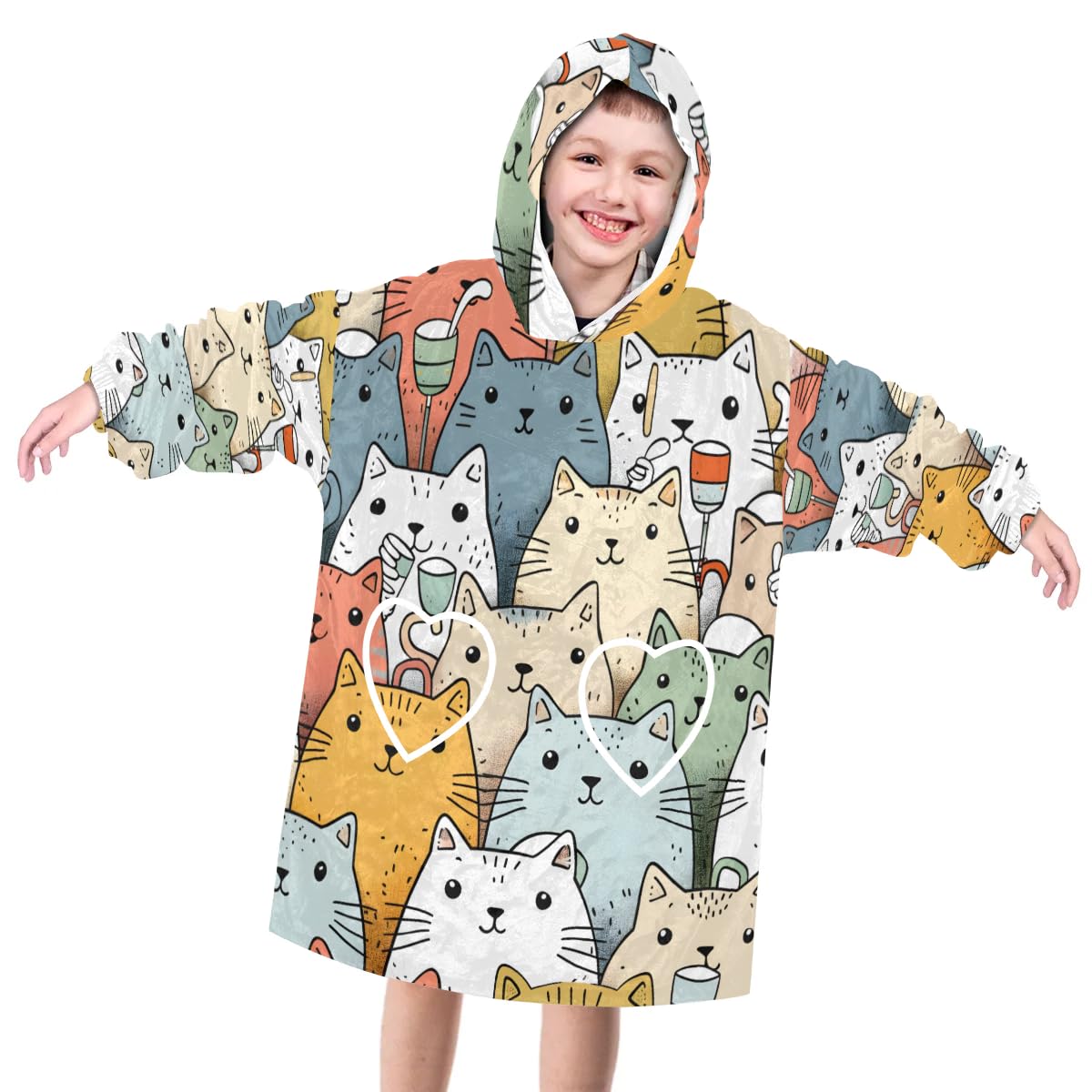 Wearable Blanket Hoodie for Kids, small cat Fleece Sweatshirt Blanket Oversized Blanket Sweatshirt with Pocket Flannel Warm Hooded Blanket 6-10 Year Old Girl Boy Gift, One Size