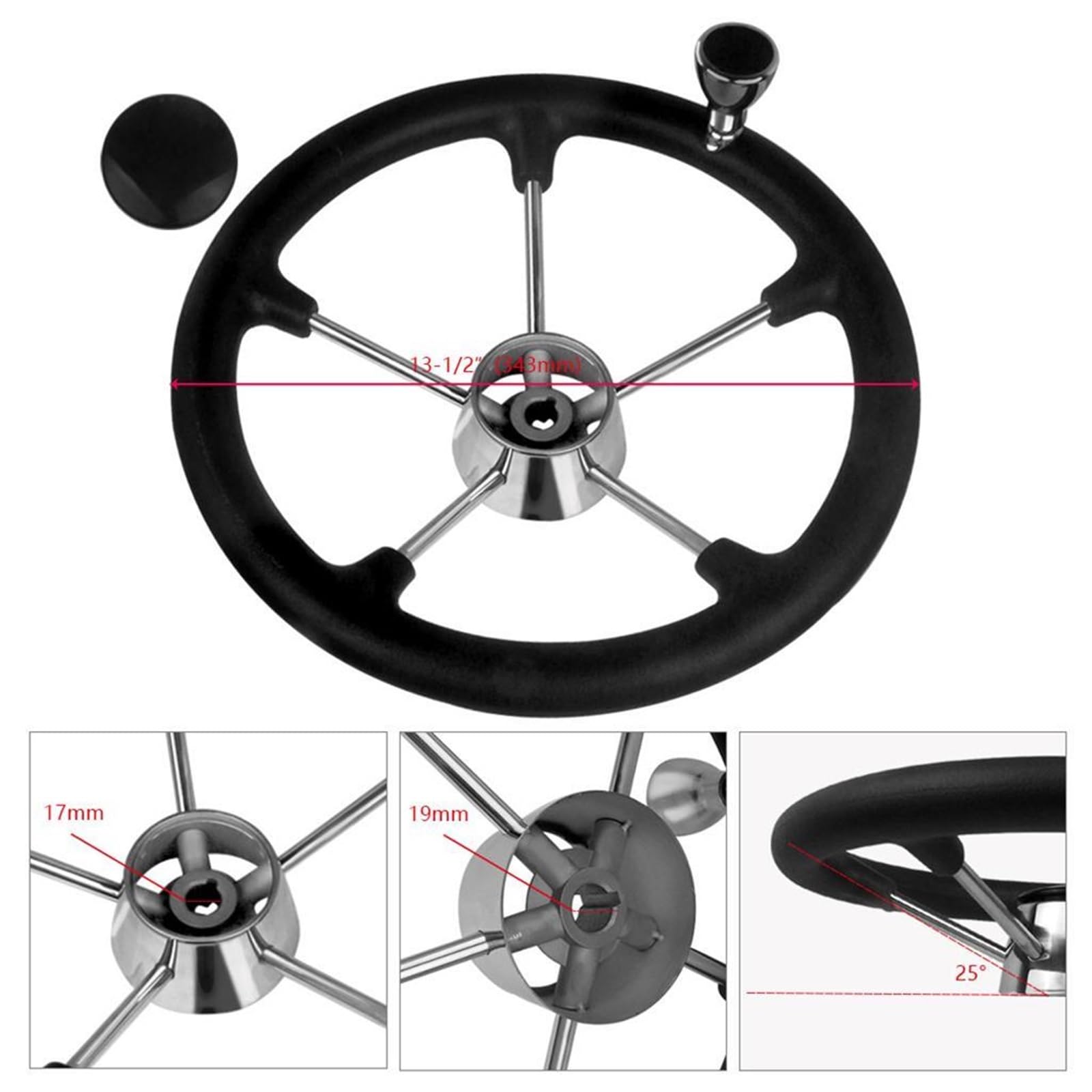 CHMIFTNX Boat Accessories 13-1/2 Inch Stainless Steel 5 Spoke Steering Wheel with Black Foam Grip and Knob Accessories Tool
