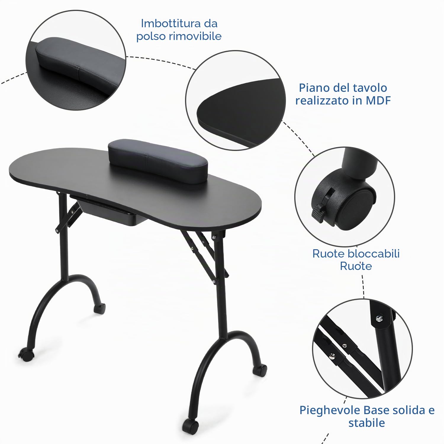 Chiodi pieghevoli portatili con cassetti e ruote girevoli, stazione per unghie professionale mobile, tavolo da studio unghie con custodia e poggiapolsi, nero