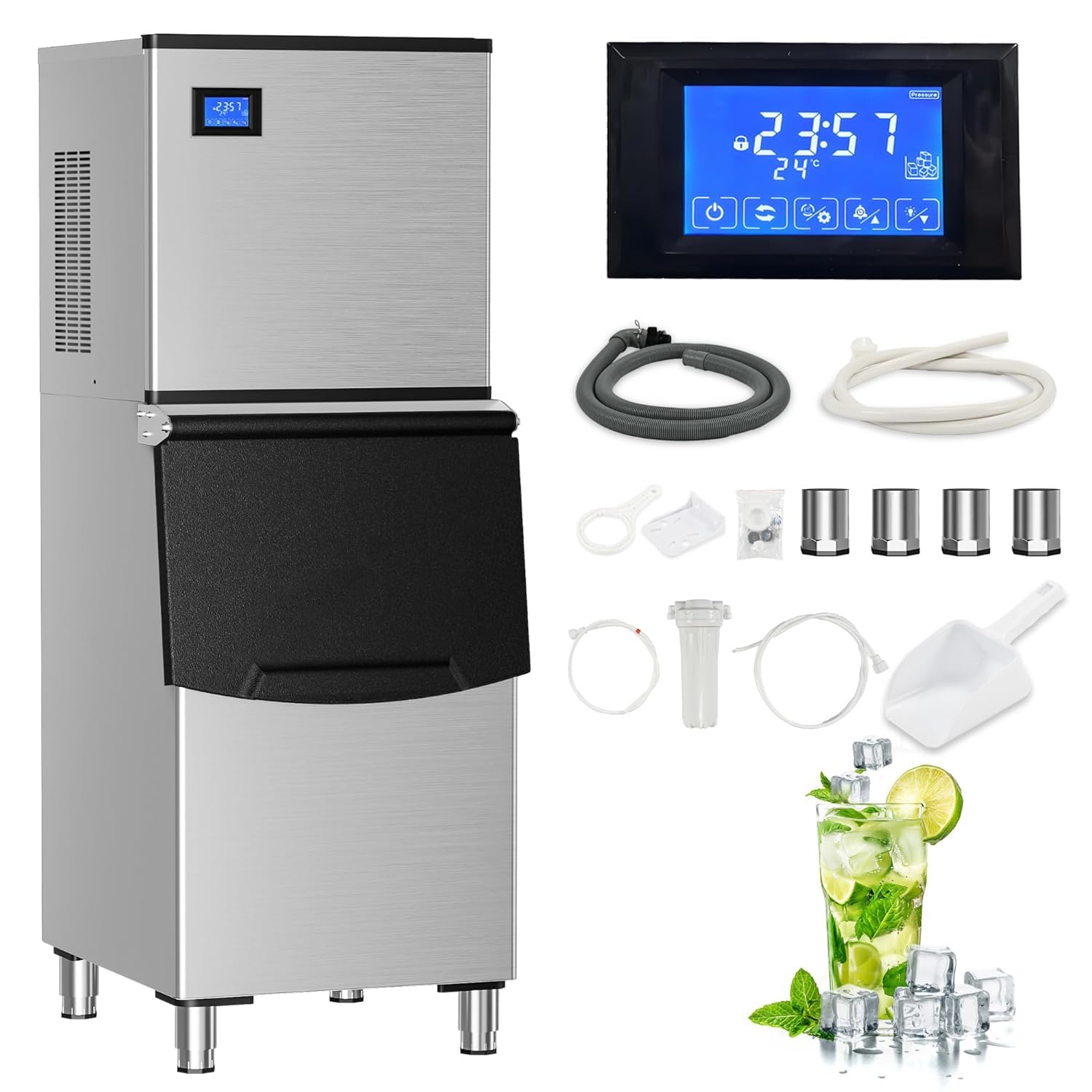 Commercial Ice Maker Machine 500LBs/Day with Filter, 250LBs Storage Bin, SECOP Compressor&ETL Approval Industrial Ice Machine, Auto-Cleaning, Ice Ready in 8-20mins, Cafe/Bar/Business/RST.