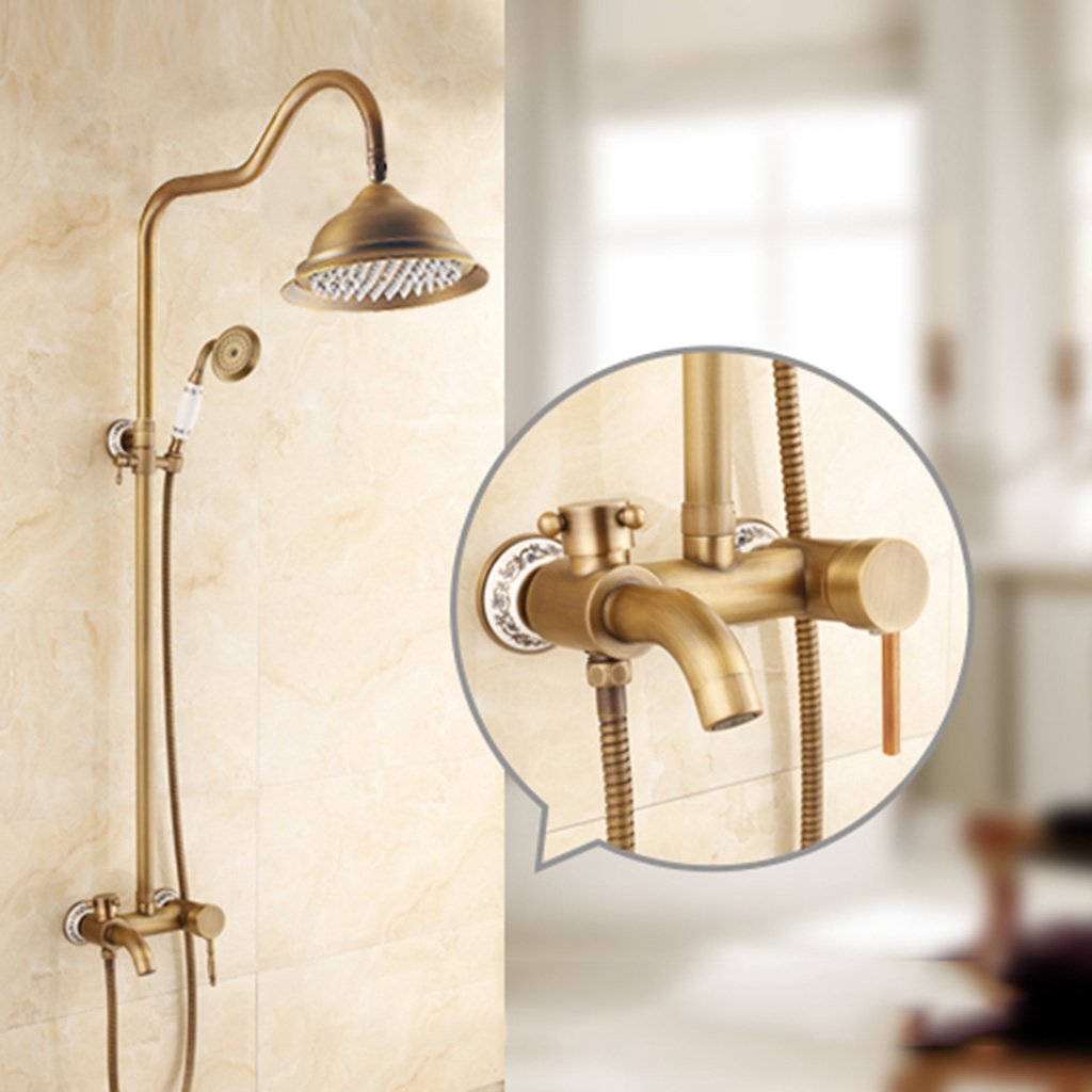Cqq Shower kit Full copper bathroom hot and cold retro faucet American style nozzle Imitation ancient Shower set Bathing Device (Design : A)