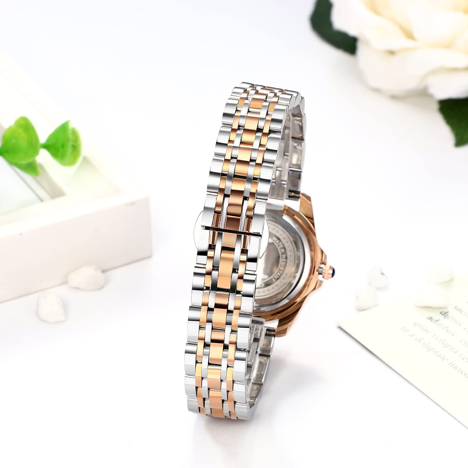 JewelryWe Uhren Damen Analog Quarz Armbanduhr Klassisch Elegant Strass Rechteckig/Rund Datum Kalender 30m Wasserdicht Geschäfts Beiläufige Uhr mit Echtleder Leder Armband