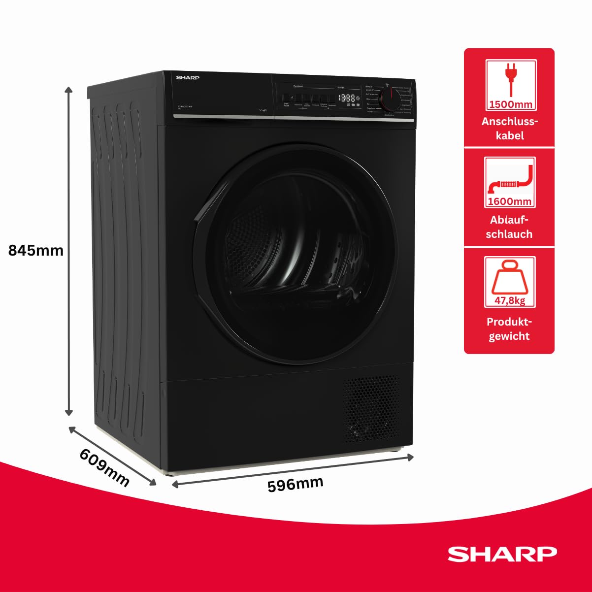 Sharp KD-PRO9S7GBB-DE Wäschetrockner 9kg B WiFi 15 Trockenprogramme Schwarz