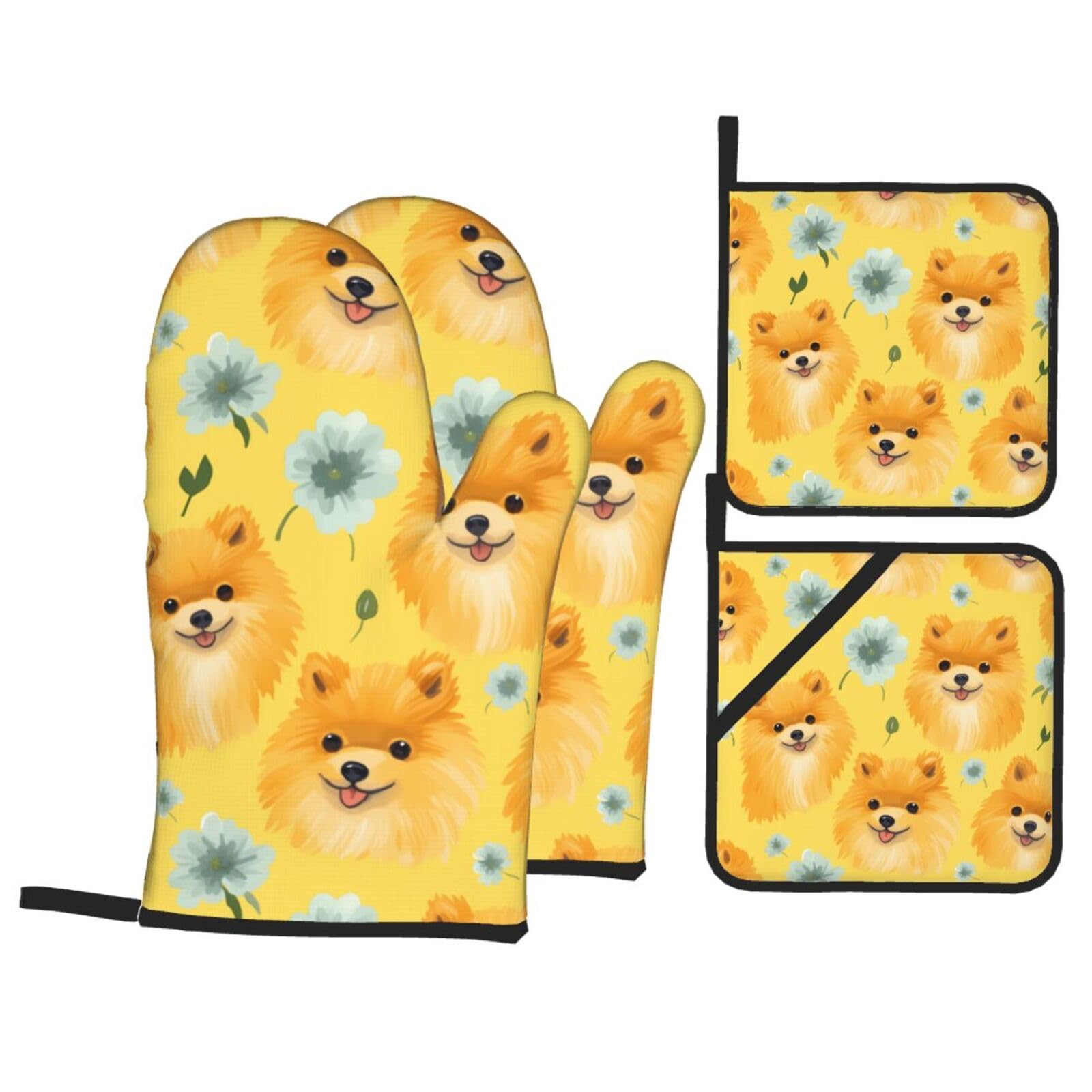 HJFCZH Yellow Pomeranian Picture Kitchen Baking Set of 4 Thick Insulated Oven Mitt & Pot Holders, Anti-Scalding for Microwave, Oven, Outdoor BBQ