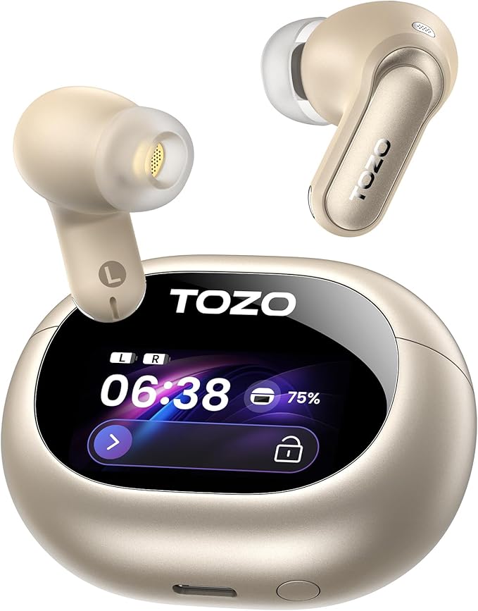 TOZO NC20 Pro Active Noise Cancelling Wireless Earbuds with Smart Touch Screen, LDAC Hi-Res Audio, Stereo Bass, 6 Mics AI Call Ear Buds, 80H Playtime, IPX8 Waterproof, 32 EQ via App, Wireless Charging