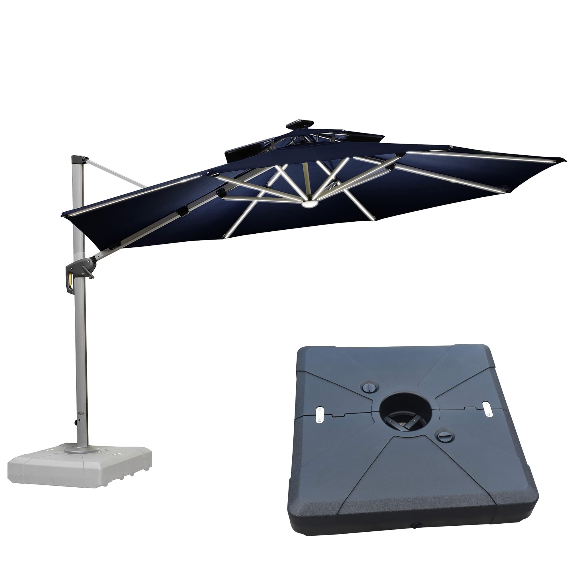 PURPLE LEAF 12ft Patio Umbrella With Base Solar powered LED Cantilever Umbrella with LED lights Windproof Outdoor Offset Umbrella for Garden Deck Pool Patio, Navy Blue