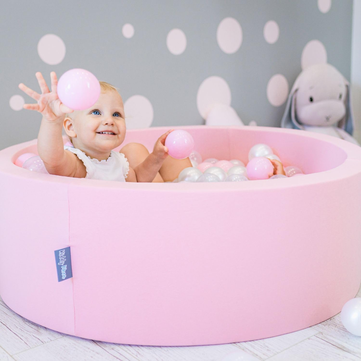 KiddyMoon Bällebad 90X30cm/200 Bälle ∅ 7Cm Bällepool Mit Bunten Bällen Für Mädchen Babys Kinder Rund, Pink:Puderrosa/Perle/Transparent