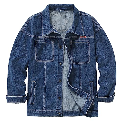 Image of DOSLAVIDA Men's Distressed Denim Jacket Unisex Button Down Jean Coat Casual Long Sleeve Trucker Hooded Jackets Outwear