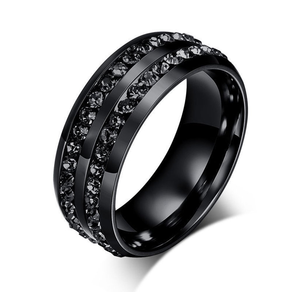 SEniutarm Engagement Love Rings Wedding Bands Unisex Black 2-Row Rhinestone Stainless Steel Wedding Band Ring US Size 7-12 for Women/Girl Finger Rings DIY Jewelry Gifts