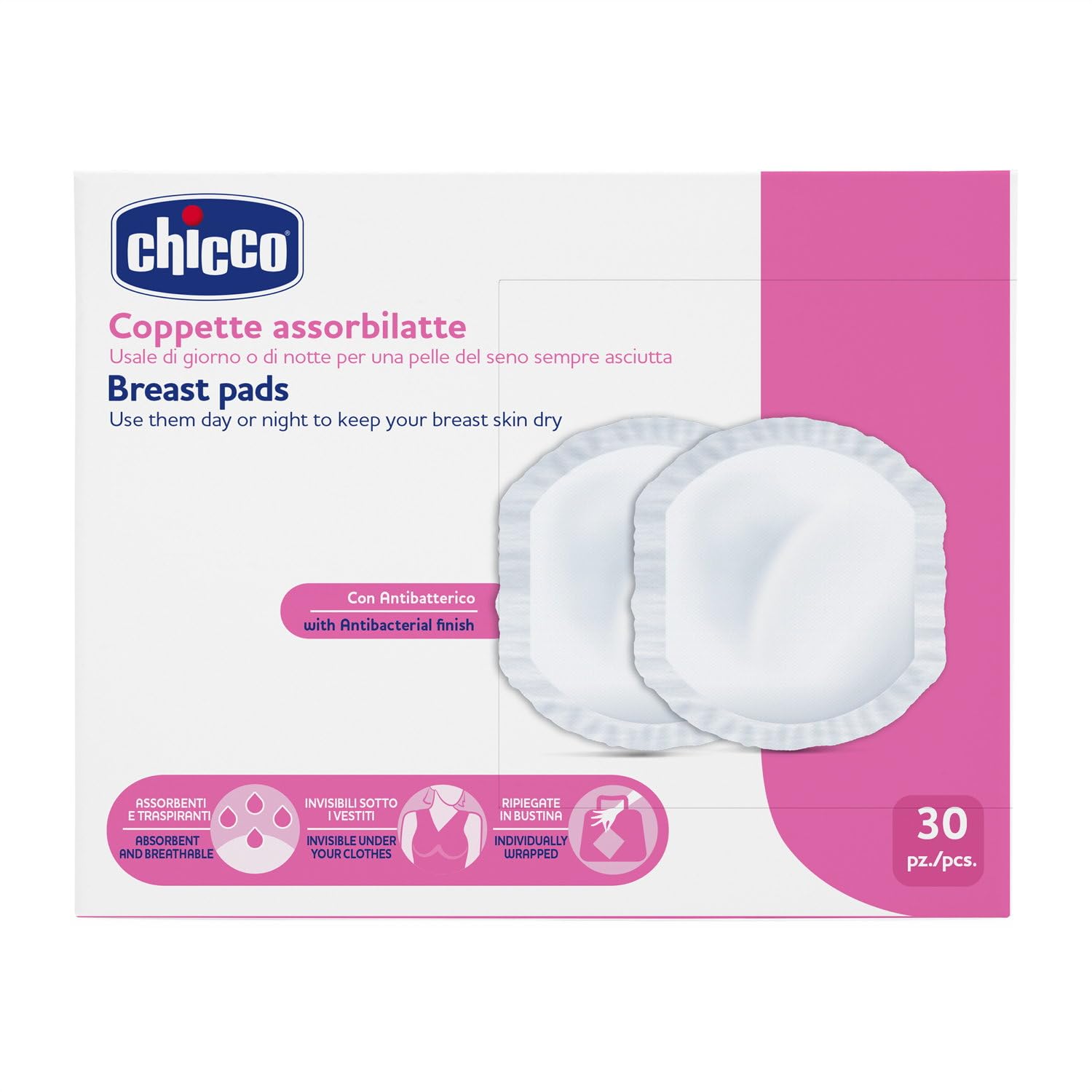 Chicco Coppette Assorbilatte Giorno e Notte, con Antibatterico, Ultra-Assorbenti, Morbide e Traspiranti, con Striscia Adesiva per Fissare le Coppette in Posizione, Design Discreto, 30 Pezzi, Bianco