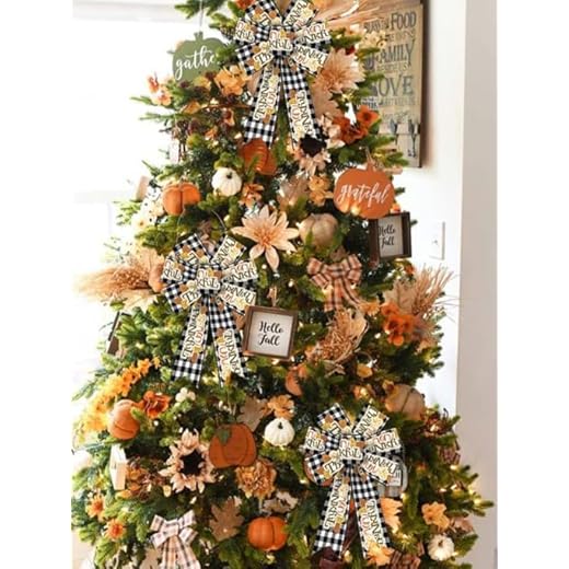 2 Pieces Fall Bows for Wreath, Thanksgiving Wreath Bows White Black Buffalo Plaid Bows Natural Burlap Bows Autumn Pumpkin Leaves Bows for Front Door Fall Thanksgiving Day Decorations