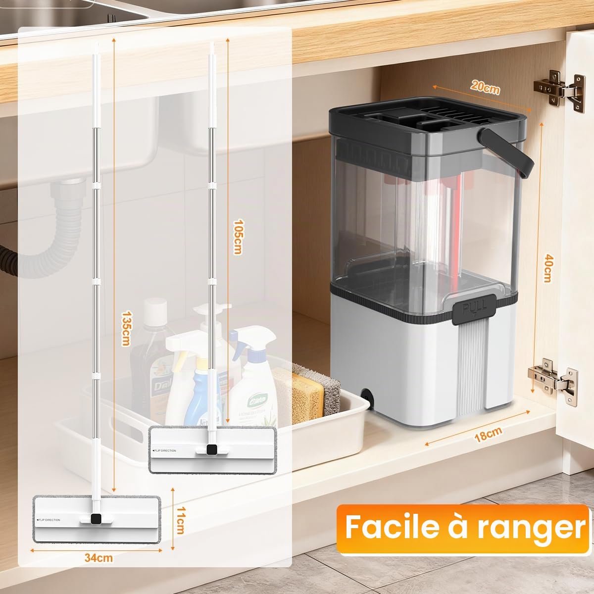 L'eau propre et sale sépare le balai plat et le seau, système révolutionnaire de serpillère plat avec 2 tampons en microfibre réutilisables, économisant de l'eau pour le nettoyage des sols stratifiés
