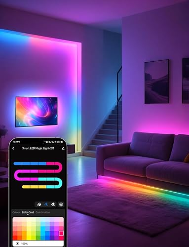 Miniatura 5 de Tira de luz LED RGB+IC, luz LED inteligente de 6.6 pies para dormitorio, control de aplicación Bluetooth, tira de iluminación LED que cambia de