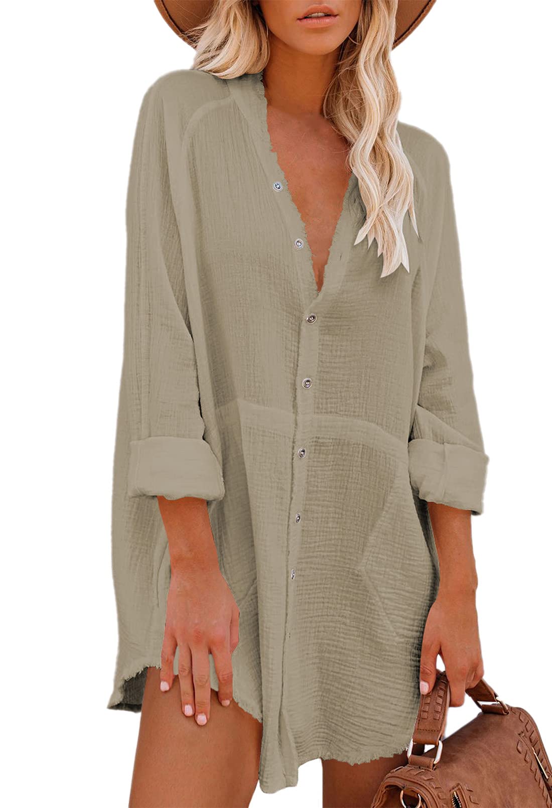 HAPCOPE Women's Button Down Shirt Dress Oversized Long Sleeve Swimsuit Cover Ups Beach Dresses