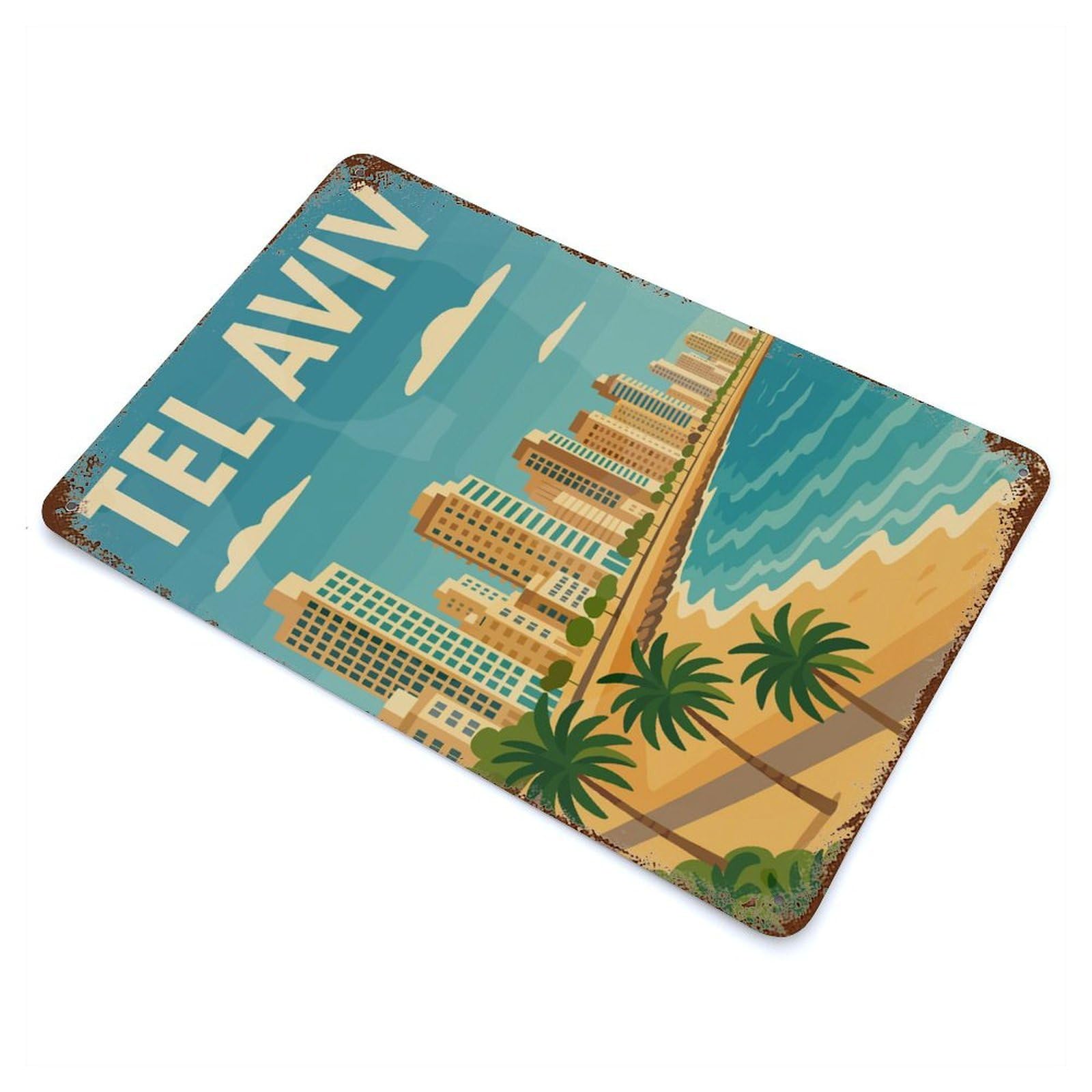 Tel Aviv Cityscape Vintage Rust Metal Sign 11.8"x7.9", Ideal for Basement, Hobby Room And Garage Decor