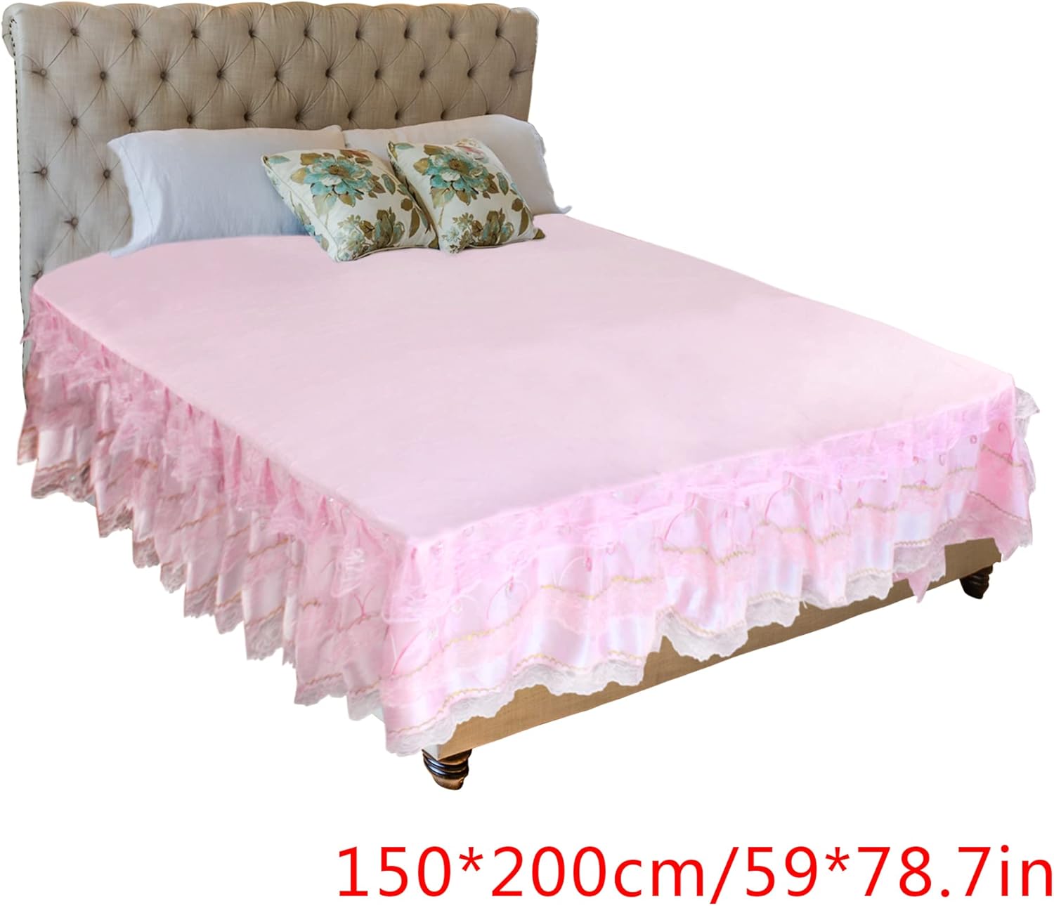 Mily Wrap-Around Floral Lace Bed Skirt Princess Bed Dust Ruffle Machine Washable (Pink 2)