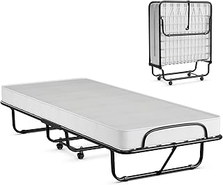 RELAX4LIFE Folding Bed with 10cm Thick Memory Foam Mattress, Rollaway Portable Guest Bed with 4 Wheels, Metal Frame Single Fold up Sleeper Bed for Home Office Camping