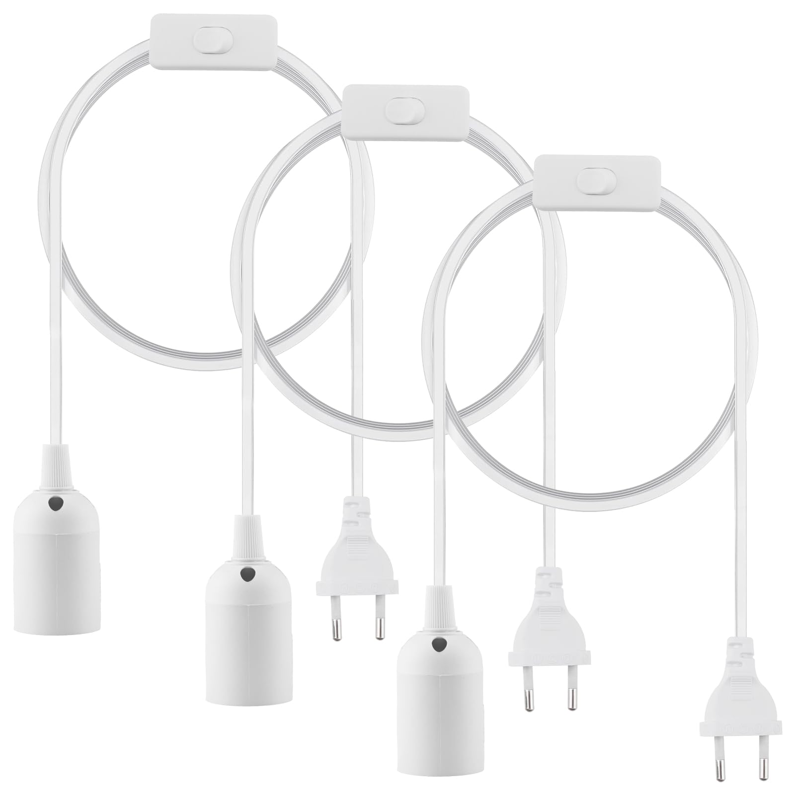 Portalampada E27 con Interruttore a Filo Cavo e Presa 3 Pezzi Bianco | 3m Elettrica Lampadario Sospensione Compatibile con Lampadine E27 (Lampadina non Inclusa)
