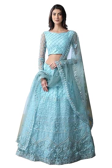 Nir Fashion Womens Net Semi stitched Lehenga Choli (Nir Fashion_Sky_Free Size)