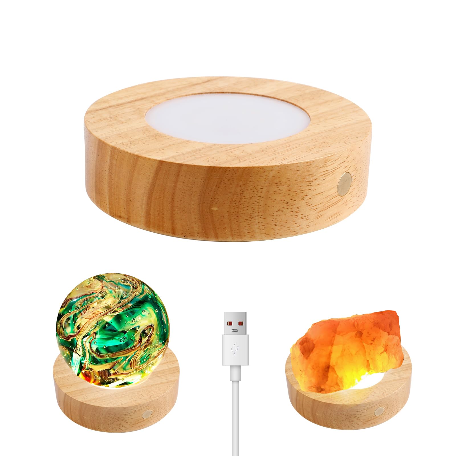 LED Light Base, 12CM Wooden Light Base Stand with Touch Dimmer and 3 Light Modes, Crystal Display Base, Wood Base Light Round Light Base for Crystal Glass Resin Art Jewelry Acrylic (wood,1pcs)