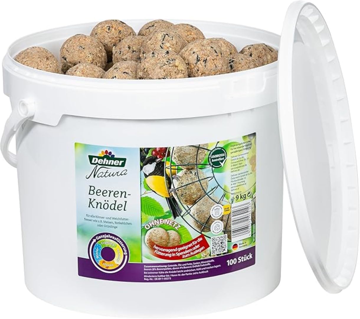 Dehner Natura Premium Meisenknödel ohne Netz, Beerenknödel, ganzjähriges Wildvogelfutter proteinreich / energiereich, im Eimer, 100 Stück je 90 g (9 kg)