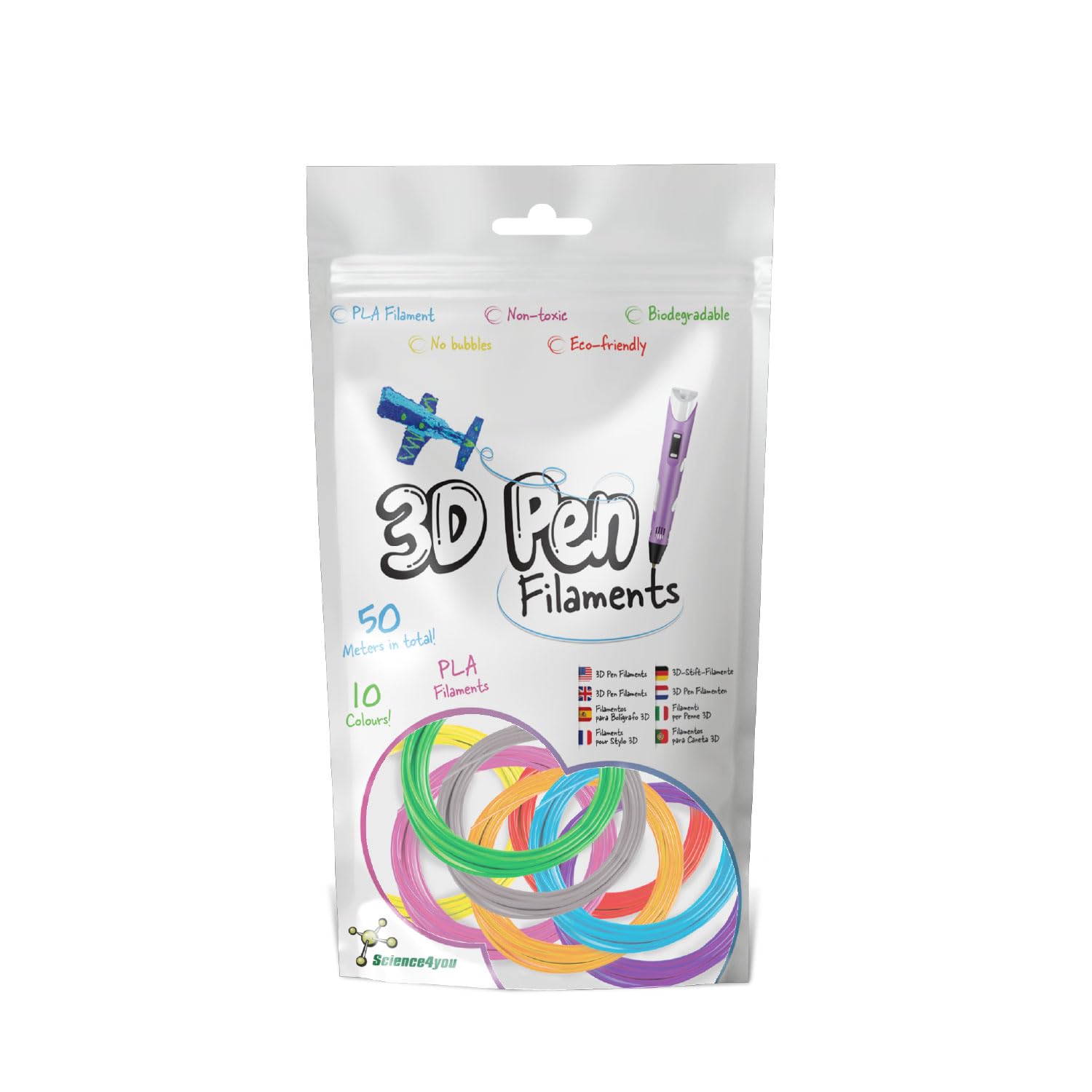 Science4you Recargas de Filamento de Bolígrafo 3D para Niños - 10 Filamentos PLA 1.75mm Coloridos para Lápiz 3D, Más Seguro y Fácil de Usar, 50 metros en total, Regalo para Niño y Niña