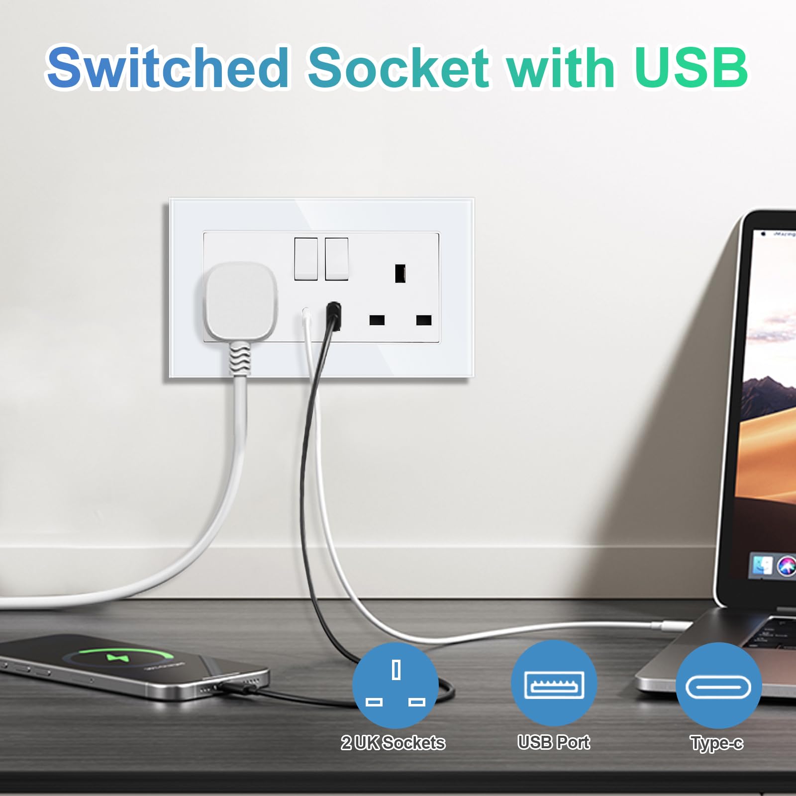 CNBINGO Paquete de 5 enchufes dobles con USB, enchufes dobles con USB A y tipo C, enchufe eléctrico de pared blanco