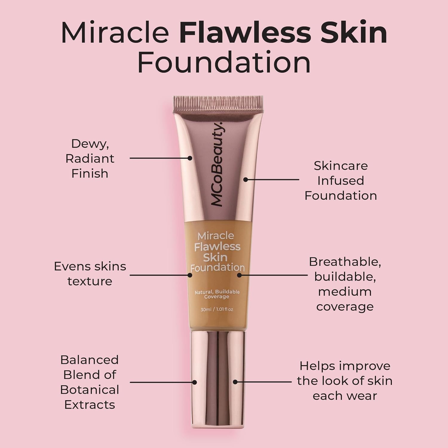 MCoBeauty Miracle Flawless Skin Liquid Foundation Soft Honey - Buildable Medium Coverage Dewy Finish for All Skin Types - Hyaluronic Acid Coconut Water Rose Water Hydrating Face Makeup Vegan - 1 Fl Oz