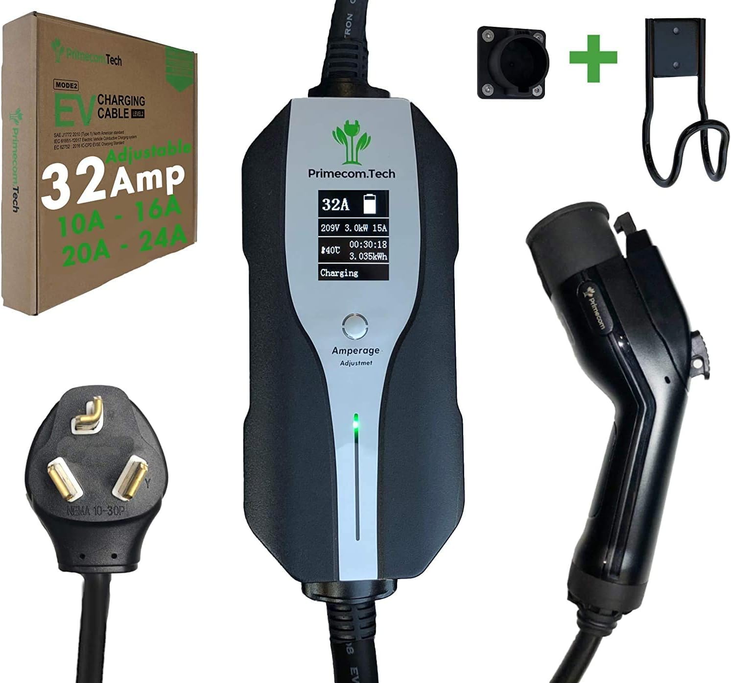 Level 2 Electric Vehicle (EV) Charger Amperage Adjustable (10Amp - 16Amp - 20Amp - 24Amp - 32Amp) 30Ft Cable EVSE Plug-in Hybrid (30 FT, 10-30P)
