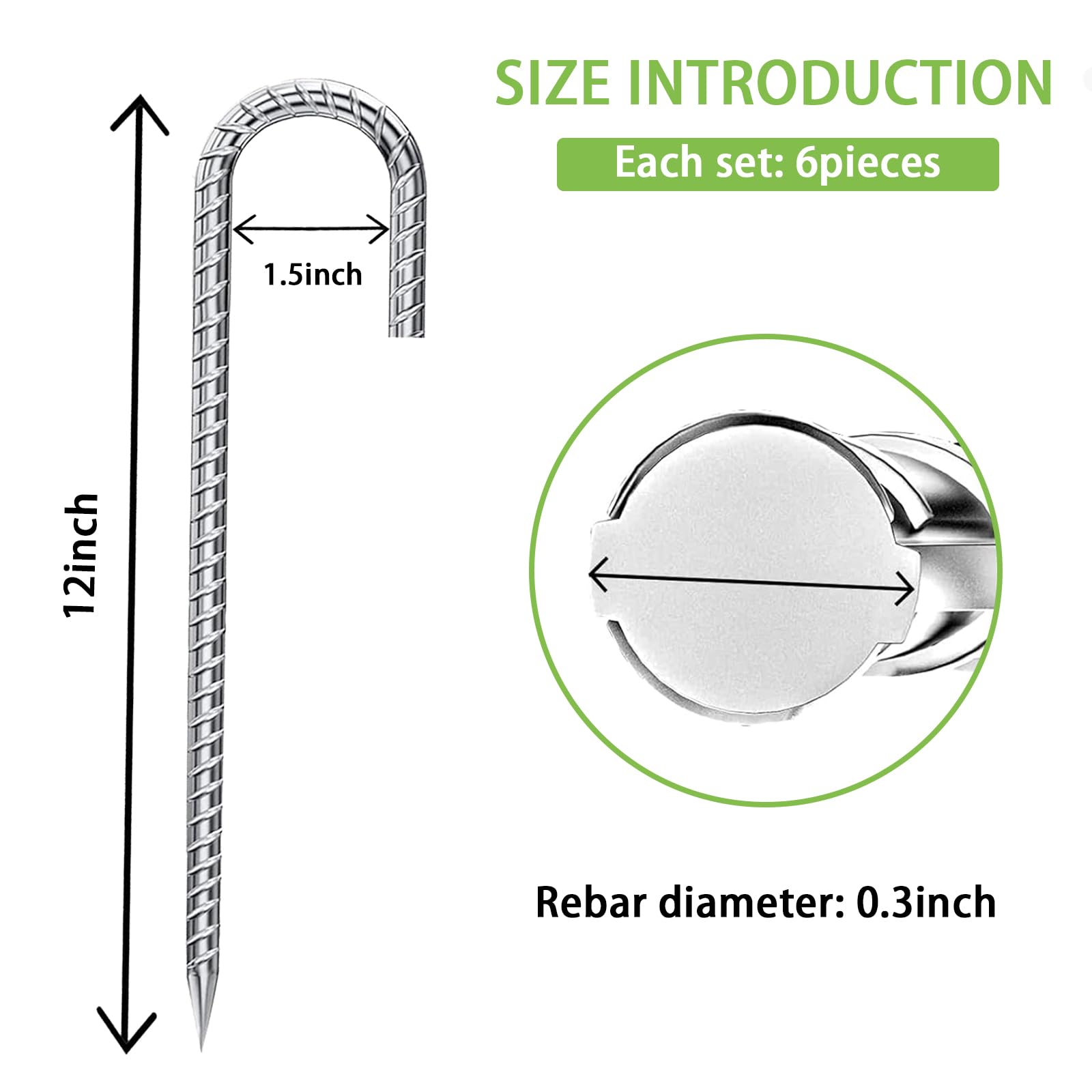 Rebar-Stakes-12-Inch, Ground Stakes Heavy Duty for High Winds Galvanized Anti-Rust J Hook 6pcs Metal Stakes for Ground Heavy Duty Ground Anchors for Garden Dog Fence Chicken Coop Water Pipe