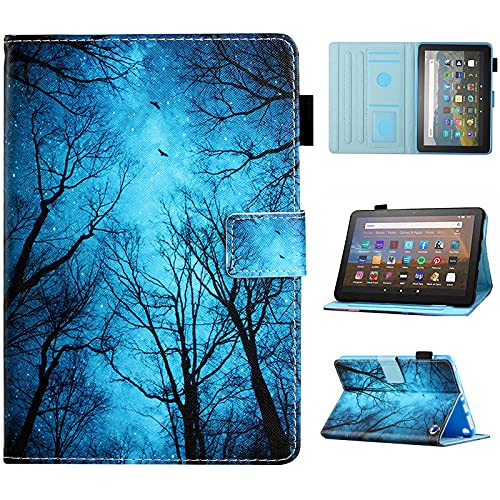 MonsDirect for Amazon Kindle Fire HD 8 & 8 Plus Case (10th/12th Generation 2020/2022 Release), PU Leather Stand Cover, Auto Wake/Sleep with Pen Holder for Fire HD 8/8 Plus 2020/2022, Blue Forest