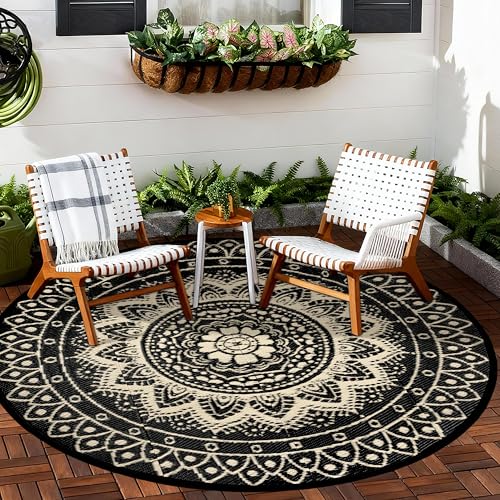 Round Outdoor Rugs for Patios 6Ft Waterproof Reversible Plastic Straw Mat with Carry Bags Boho Lightweight Outdoor Carpet Portable Round Floor Mat for Patio Camping Picnic Backyard RV Black Camel