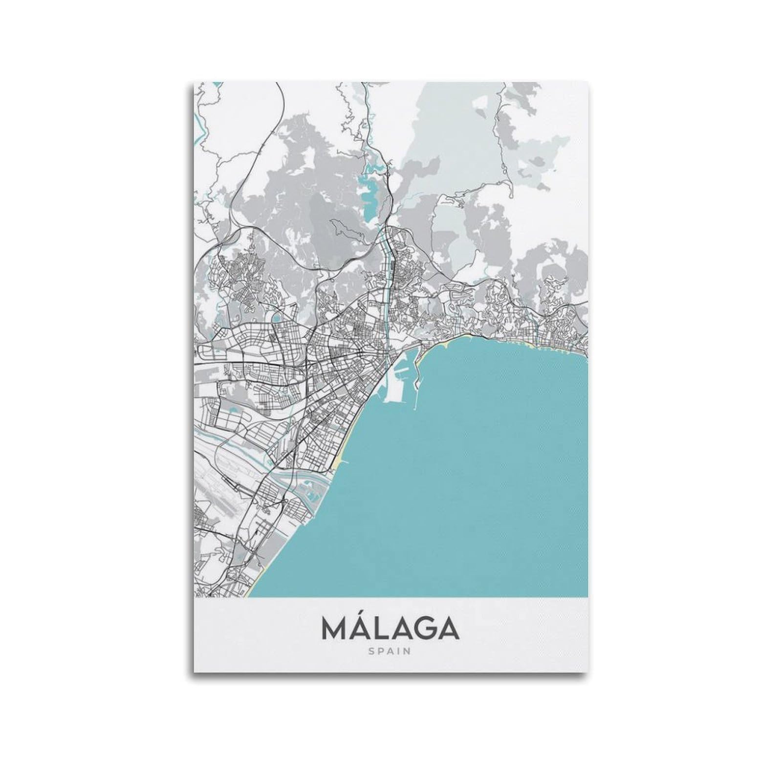 Maynle Unframe-Style Travel Poster Málaga Cool - Tone Map Poster Modern Wall Art Canvas Aesthetic Decoration Painting 08X12inch(20X30cm)